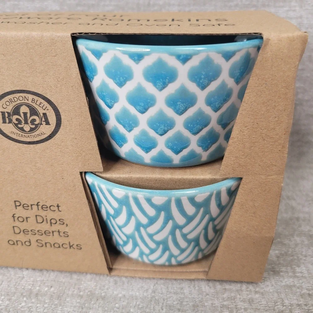 BIA Cordon Bleu 6 oz Stoneware Ramekins Set of 4 Blue White Patterned Bowls NEW